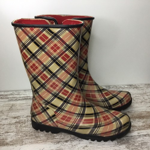 Sperry Topsider Plaid Rubber Rain Mid Calf Boots Size 9 Beige/Red/Black - Picture 2 of 8