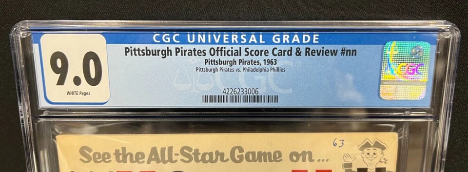 CGC 9.0 1963 Score Card MLB Pittsburgh Pirates Vs. Phillies Clemente, Ashburn et - Image 3 of 3