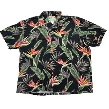 Vintage Paradise Found Hawaiian Shirt Mens XL Black Floral Pocket Button Down