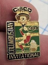 VTG Lapel Pinback Hat Pin Gold Tone Columbus Day Invitational 2000 Cisco Soccer