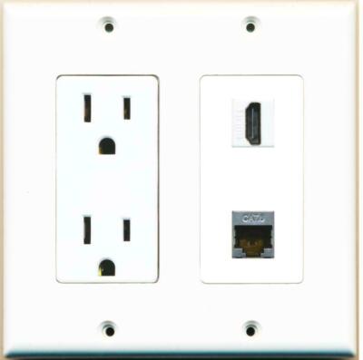 DecorZ - 15 Amp Power Outlet and 1 Port HD Shielded CAT6 Ethernet Wall Plate