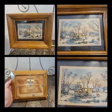 Vintage Cabin Winter Scene River Snow Horse Carriage currier and ives? Pastoral 