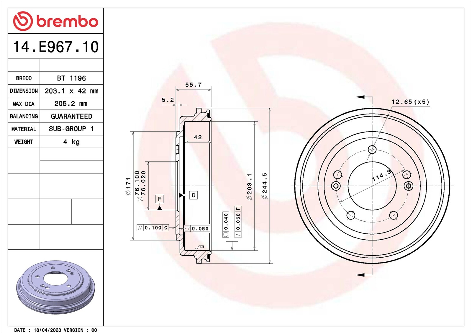 Fits BREMBO 14.E967.10 HAM DRUM.  REAR HYUNDAI/KIA