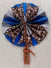 West African NEW Ankara Blue White Black Cloth and Leather Fans 11" Diameter