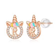 Unicorn Earrings for Girls, Letter R Initial Earrings for Little Girls Toddler E