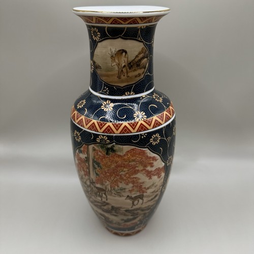 Japanischer Stil Herbst Hirsch blau Porzellan dekorative Keramik Vase 10" hoch - Bild 3 von 10