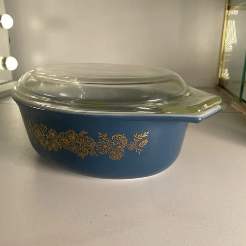 Vintage Pyrex Butterfly Gold Blue Casserole Dish w/ Lid