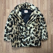 GB Faux Fur Leopard Print Coat Women s Large Plush Glam Retro Jacket Lined