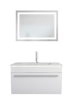 Badmöbel Set Gently 3 V1 Weiß MDF Waschtisch 70cm mit Leuchtspiegel LSP03 70x50