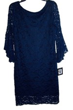 NEW Marina Navy Blue Lace Pullover 3/4 Sleeve Body Lined Dress Size 10 Formal