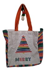 Christmas Tree MERRY Colorful Large Canvas Festive Tote Vintage 15"  15" X 6"