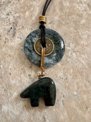 Artisan Necklace with Chinese Coin Motif & Green Stone Bear Charm
