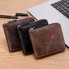 Men  s PU Waxed Oil Leather Wallet   Short Bifold Coin Purse with All-Around Zipp