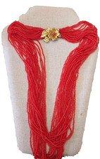 Vintage Multi Strand Cherry Red Glass Beaded Necklace 26" Gold Flower Clasp