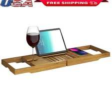 Adjustable Acacia Bath Tub Tray Caddy W/ Wine Glass Holder  Tablet Prop New