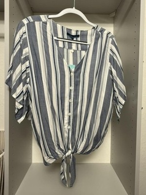 Shore Canary Flutter Sleeve Top - Blue and White Striped, Size L