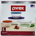 Pyrex 8 Piece Glass Mixing Bowl Set w Color Lids 4 Bowl Sizes New Sealed USA