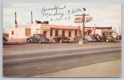 Roadside Cafe Classic Automobiles Highway Scene Linen Postcard
