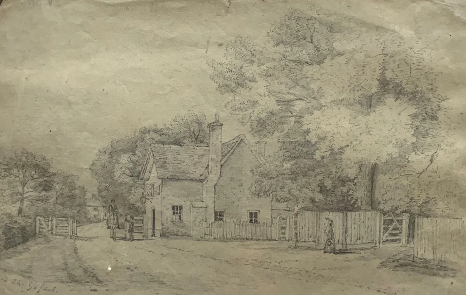 Zeichnung Bleistift Landschaft mit Häusern 19. Jahrhundert Biedermeier signiert - Bild 4 von 4