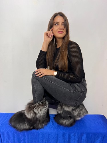 Silver-Black Fox Fur Boots Double Sided Fur Indoor and Outdoor 10" (26cm) Height - Picture 11 of 11