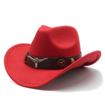 Red Western Cowboy, Cowgirl Hat, Bull Horns Strap, Men Women Retro