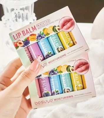 BOSUYA 6X Lip Balm Set Multi Pack Stick Fruit Flavoured Moisturising Beeswax Vitamin E