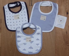 Burt's Bees Baby Boy 3 Pack Organic Cotton Bib Set~Navy Blue, Gray, Blue & White