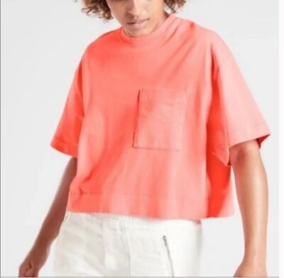ATHLETA Pink Neon Oversize Pocket Crew Neck 100% Cotton Tee Top XS DBL