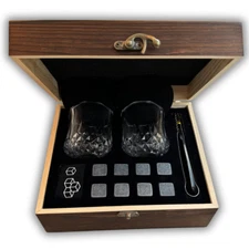 Whiskey Glasses Gift Set Stones Rocks Tongs Wooden Box Bourbon Scotch Alcohol
