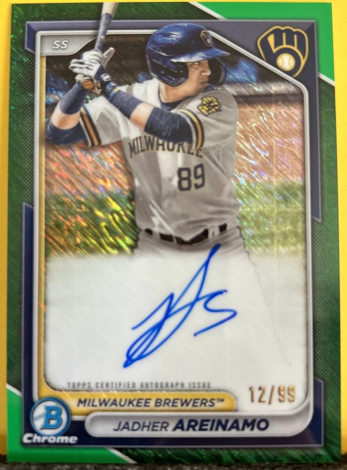 2024 Bowman Chrome JADHER AREINAMO Green Shimmer Auto /99 #CPA-JA SP Milwaukee