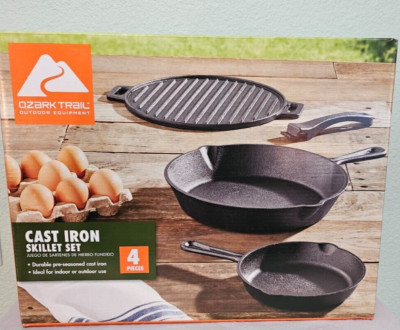 Ozark Trail 4-Piece Cast Iron Skillet Set,Handles and Griddle, Pre-Seasoned