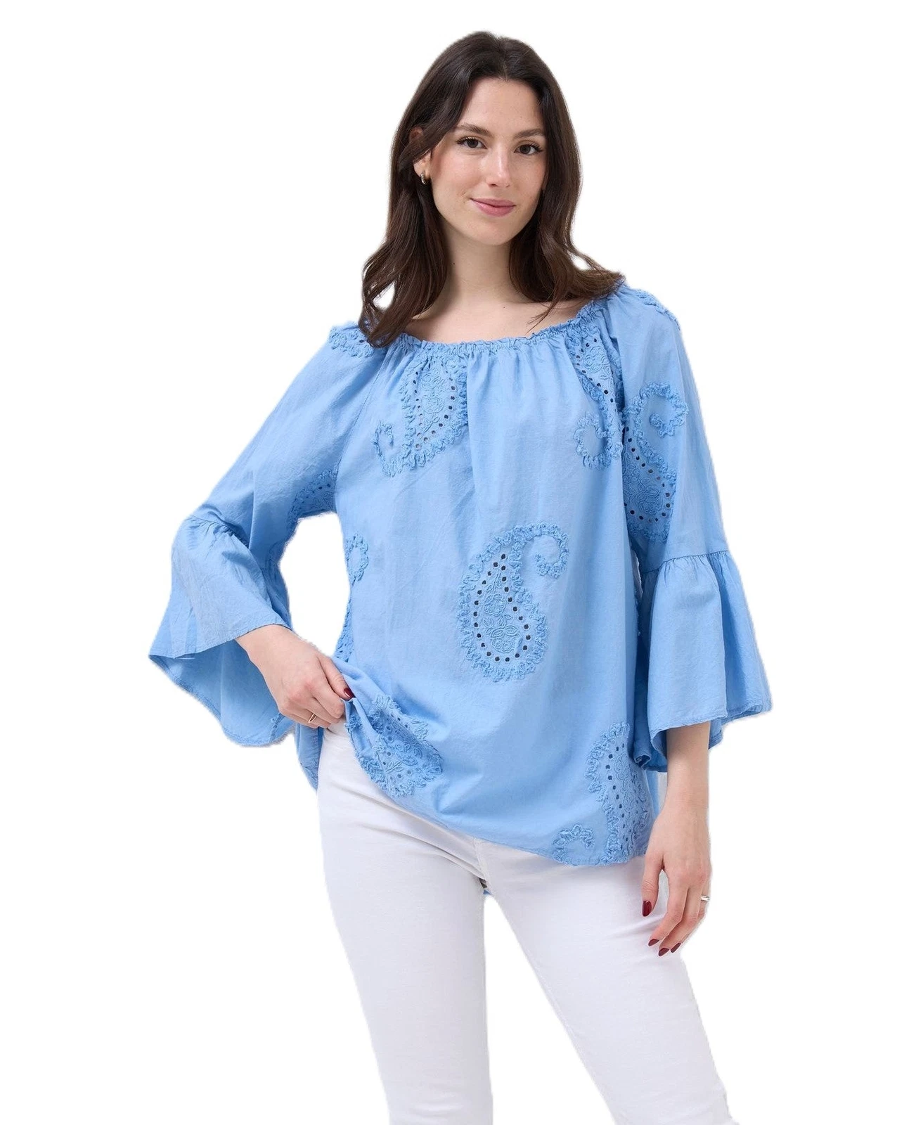 Italian Lagenlook Elasticated Off-Shoulder Neckline Bardot Top Paisley Design