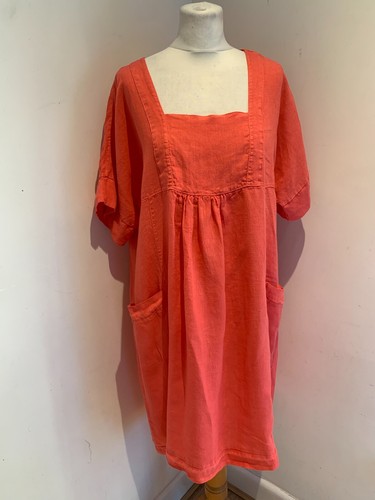 Made In ITALY linen dress tunic UK 16 18 VGC shift midi pockets coral pink