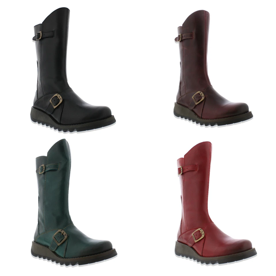 FLY London MES 2 Femmes mi-Mollet Compensé Fermeture Éclair Bottes Cuir - Photo 1/1