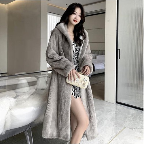Abrigo largo de piel sintética con capucha de invierno para mujer cálido peludo informal calce suelto abrigos - Imagen 8 de 8