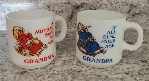 Vintage Milk Glass Mugs Grandma Grandpa His and Hers Coffee Cup Collection Set 2