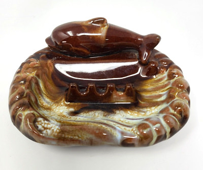 Sea World Ashtray Brown Ceramic Dolphin vintage Souvenir Sunshine Imports