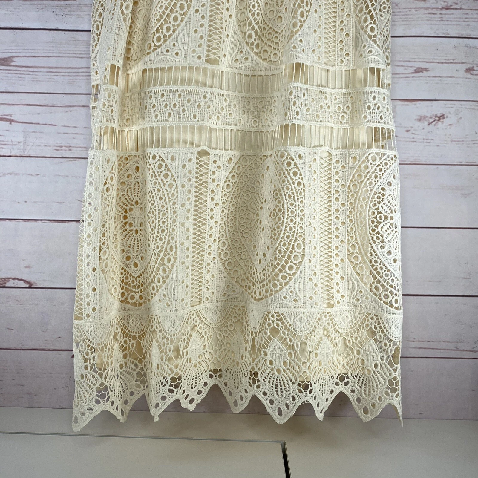 OFF WHITE Abito Polagram stile uncinetto pizzo panna taglia S