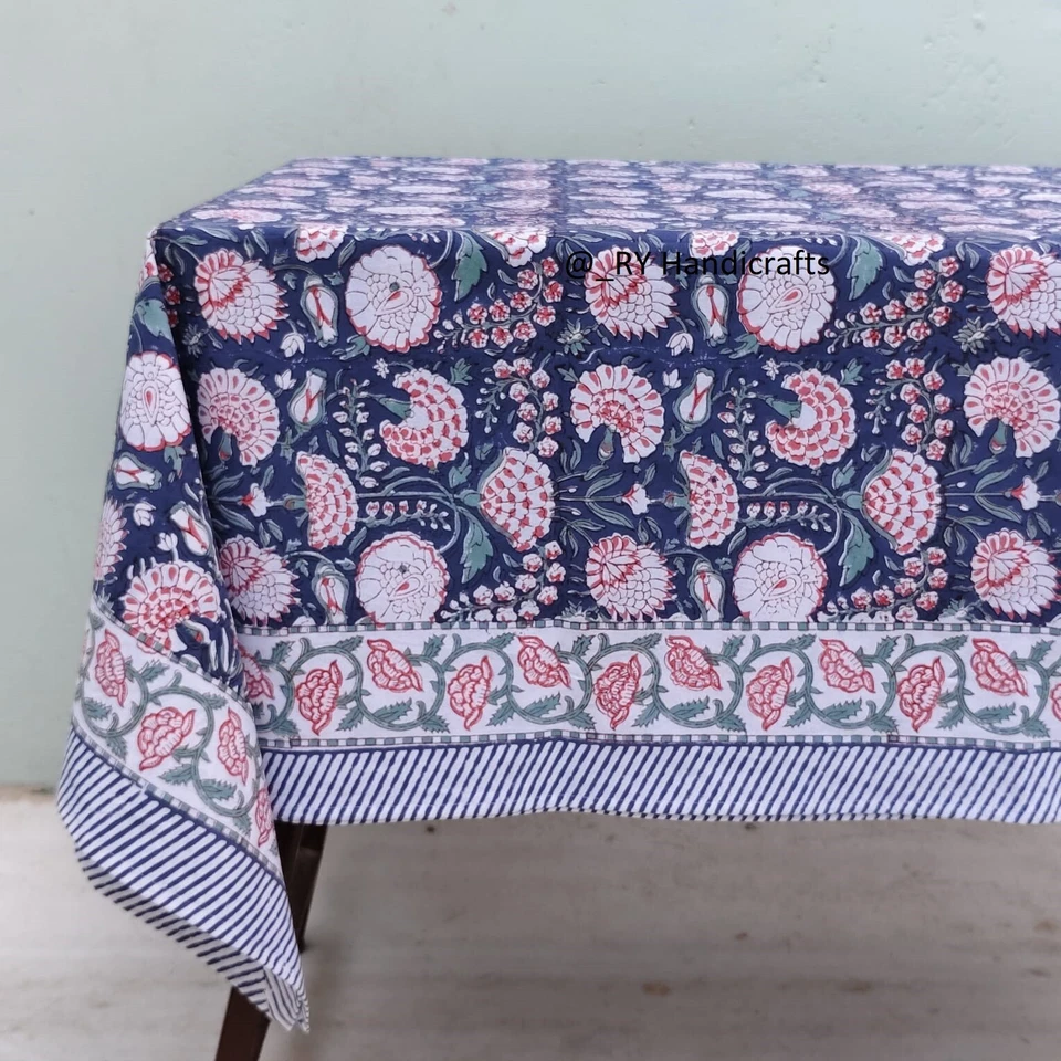 Blue hand Block Printed tablecloth Indian Floral Cotton Custom Table cover - Image 2 of 4