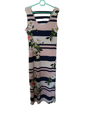 NINA LEONARD Maxi dress pink navy stripe flower pattern sleeveless scoop neck L