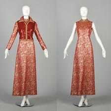 Medium 1970s Oscar de la Renta Designer Red Gold Brocade Formal Holiday Dress