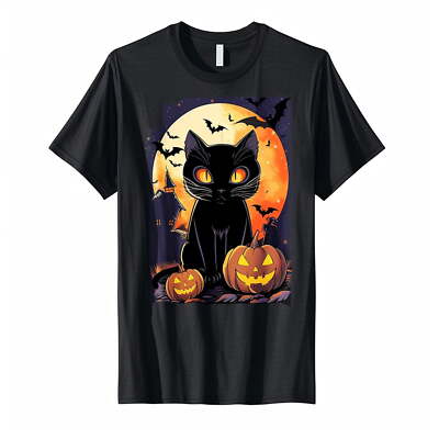 Spooky Halloween Black Cat and Pumpkin T Shirt Detailed Vector De