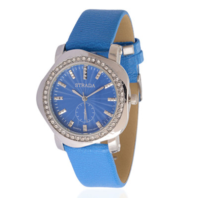 STRADA Austrian Crystal Japanese Movement Watch w/Blue Band & Stainless Ste W015