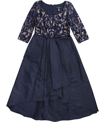R & M Richards Womens Mesh Sequin High-Low Fit & Flare Dress, Blue, 6