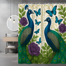 Colorful Peacock Shower Curtain with Butterflies and Floral Design