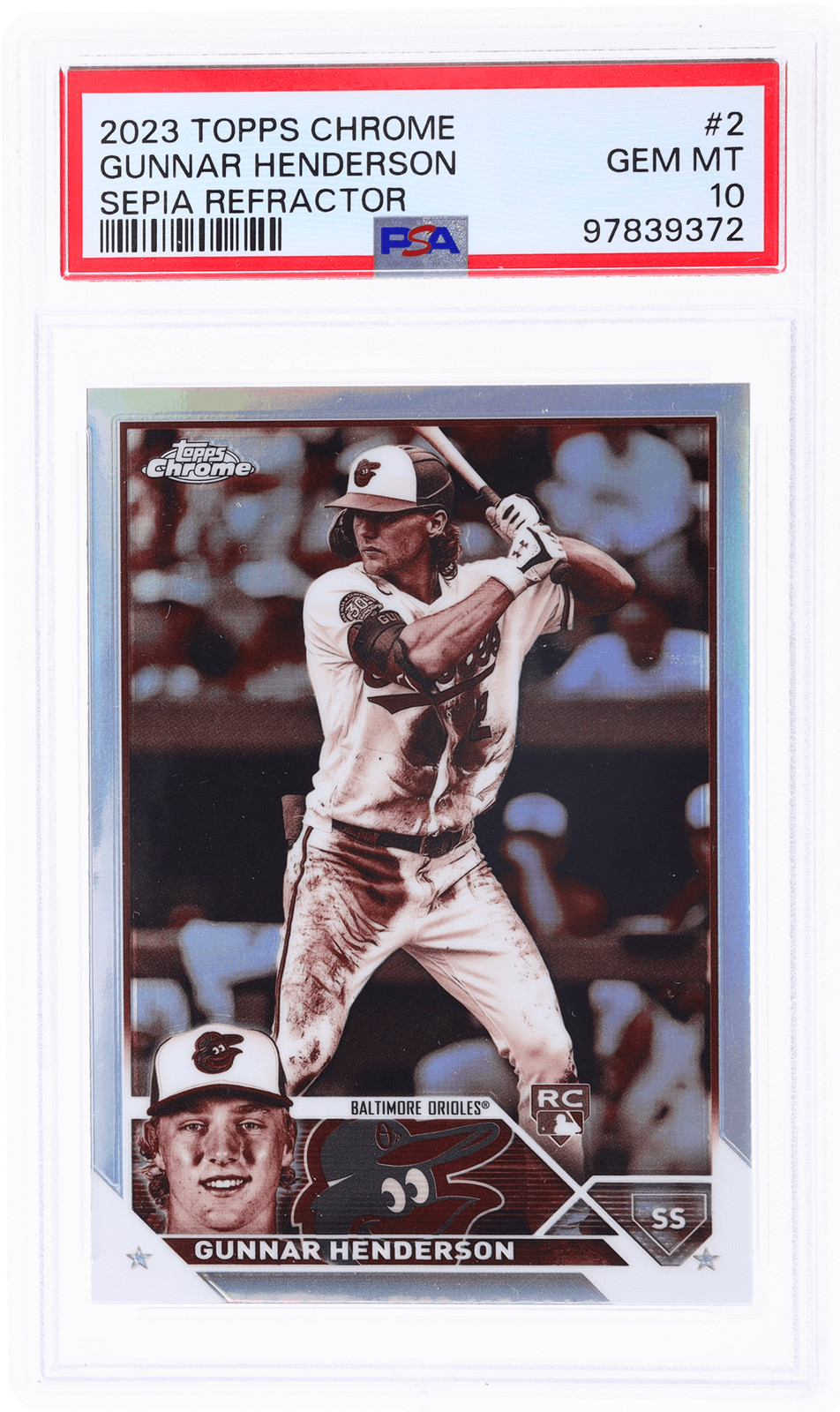 2023 Topps Chrome Gunnar Henderson Sepia Refractor #2 PSA 10 Rookie RC