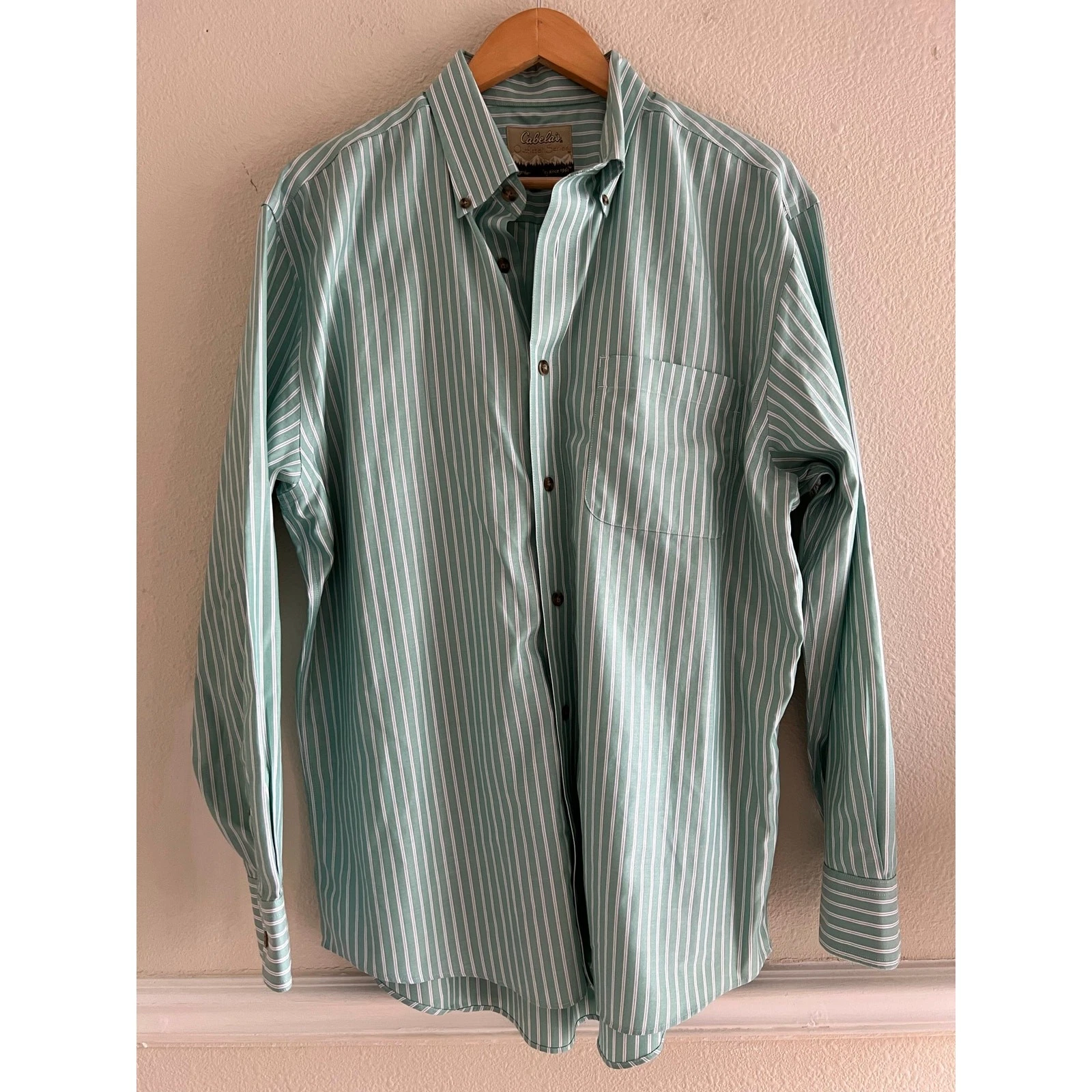 Cabela’s Mens L Button Down Shirt Green White Stripe Long Sleeve Outdoor Casual