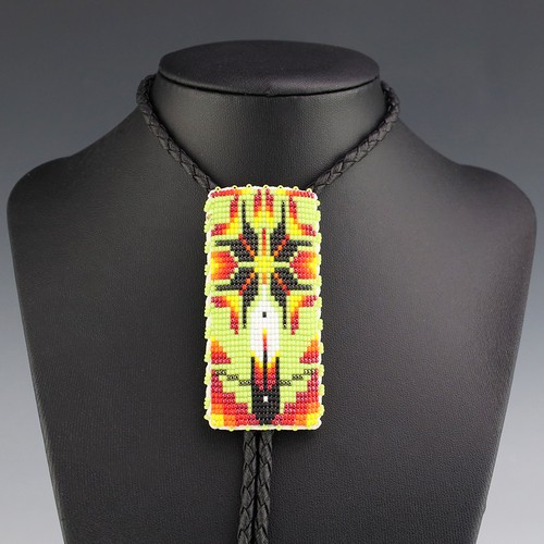 NATIVE AMERICAN NAVAJO BEADED BOLO TIE BY HELEN DINAE NATIVE AMERICAN BEADWORK