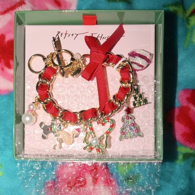 Betsey Johnson Red Gold Multicolor Charm Bracelet with Christmas Dangle Charms
