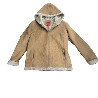 Vintage ESPRIT Faux Shearling Suede Hooded Jacket Tan Camel XL Cozy Y2K Boho